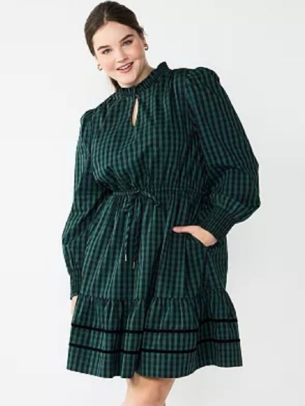 Draper James Green Plaid Long-SleeveTiered Dress Festive Holiday Celebration XXl